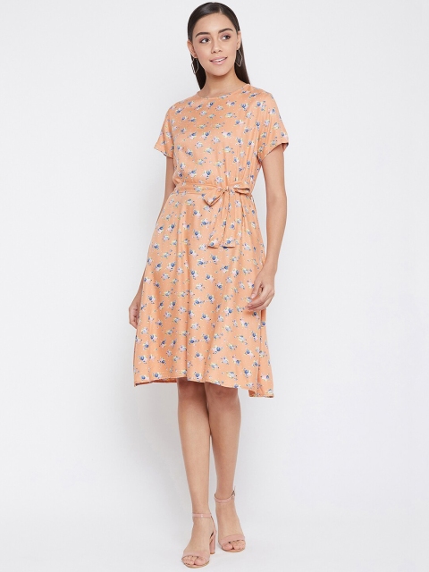 

Crimsoune Club Women Peach-Coloured Printed Fit and Flare Dress