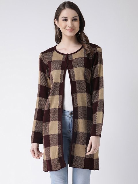 

Club York Women Beige & Coffee Brown Checked Open Front Shrug