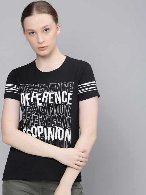 

Difference of Opinion Women Black Printed Round Neck T-shirt