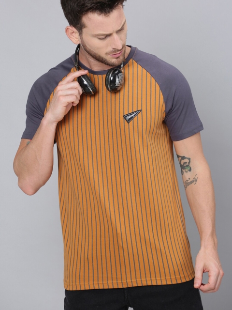 

DILLINGER Men Mustard Brown & Grey Striped Round Neck T-shirt