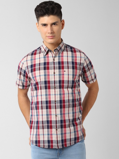 

Peter England Men Peach-Coloured & Navy Blue Slim Fit Checked Casual Shirt