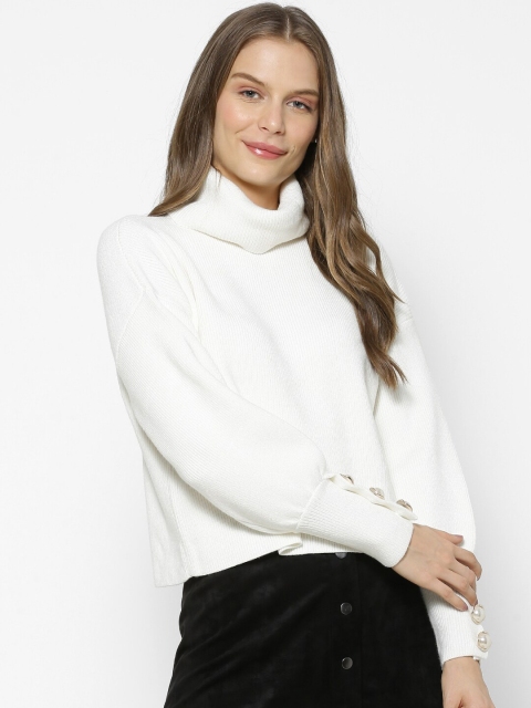 

FOREVER 21 Women White Solid Pullover Turtleneck Sweater