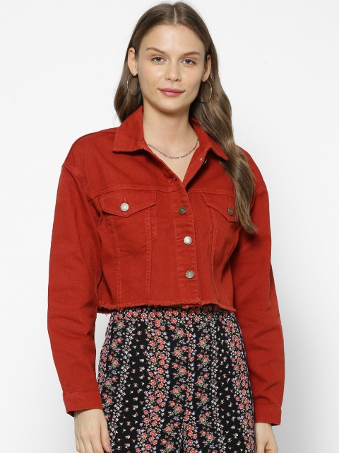 

FOREVER 21 Women Red Solid Tailored Frayed Denim Jacket
