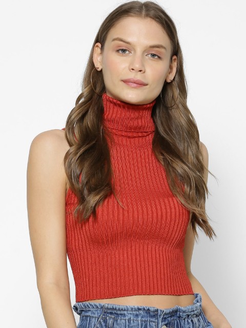 

FOREVER 21 Women Red Ribbed Pullover Turtleneck Crop Top