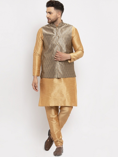 

Jompers Men Gold-Coloured Solid Kurta with Churidar & Waist Coat