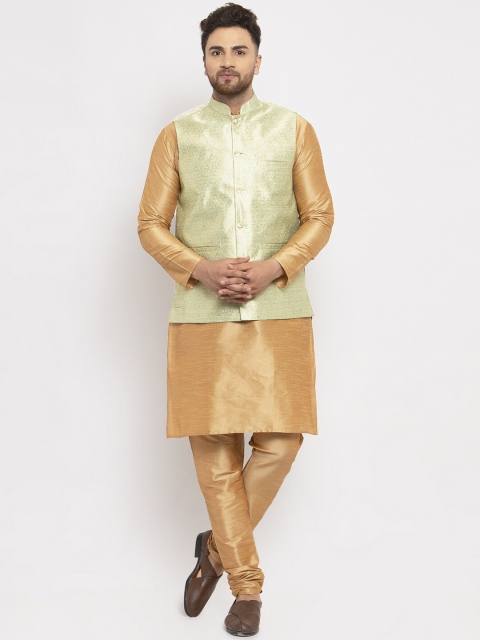 

Jompers Men Gold-Toned & Lime Green Solid Kurta with Pyjamas & Waistcoat