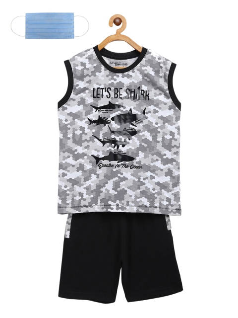 

Lil Tomatoes Boys Grey & Black Printed Night suit & Face Mask