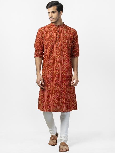 

Fabindia Men Red & Mustard Yellow Dabu Handblock Printed Straight Kurta