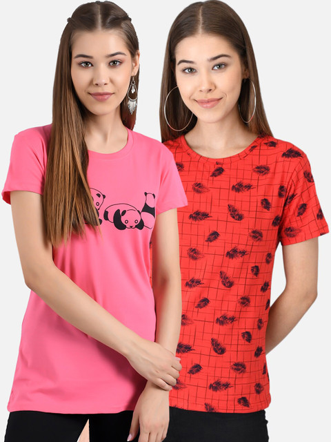 

Kotty Women Pack of 2 Pink & Red Printed Round Neck T-shirts