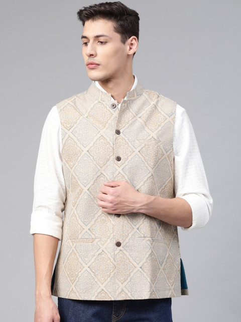 

Fabindia Men Beige & Blue Comfort Fit Hand Block Firdaus Prink Pure Cotton Nehru Jacket