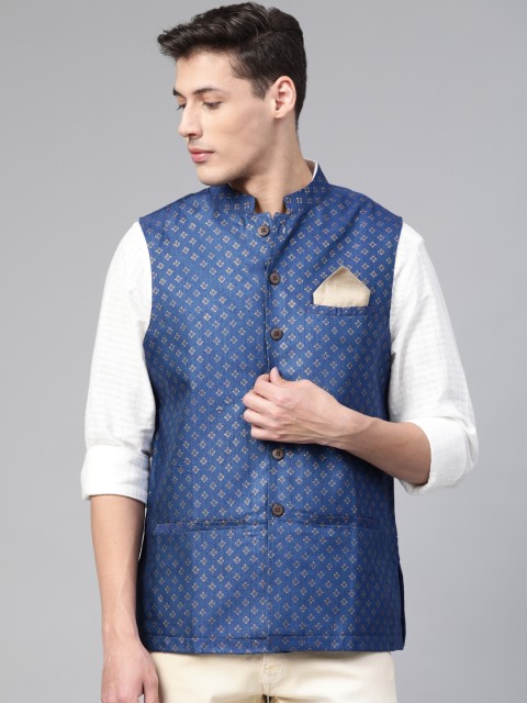

Fabindia Men Navy Blue & Golden Comfort Fit Hand Block Prink Nehru Jacket