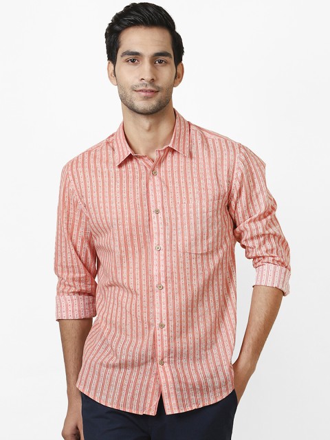 

Fabindia Men Coral Pink Slim Fit Striped Discharge Hand Block Casual Shirt