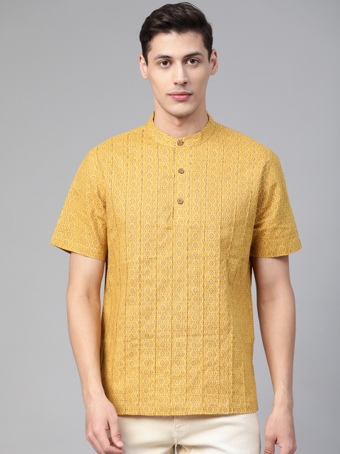 

Fabindia Men Mustard Yellow & Brown Ethnic Hand Block Print Straight Kurta