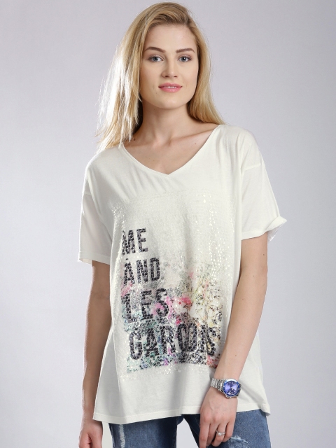 

French Connection White Sequinned Split Back Top