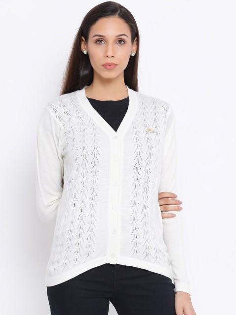 

Monte Carlo Women White Self Design Open Knit Cardigan Sweater