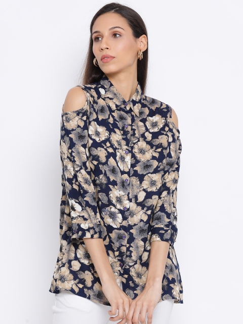 

Monte Carlo Women Navy Blue & Beige Floral Printed Shirt Style Top