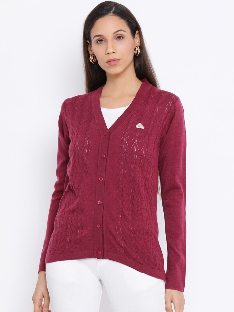 

Monte Carlo Women Magenta Self Design Open Knit Cardigan Sweater