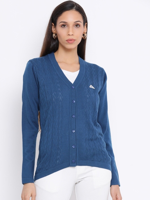 

Monte Carlo Women Blue Self Design Open Knit Cardigan Sweater