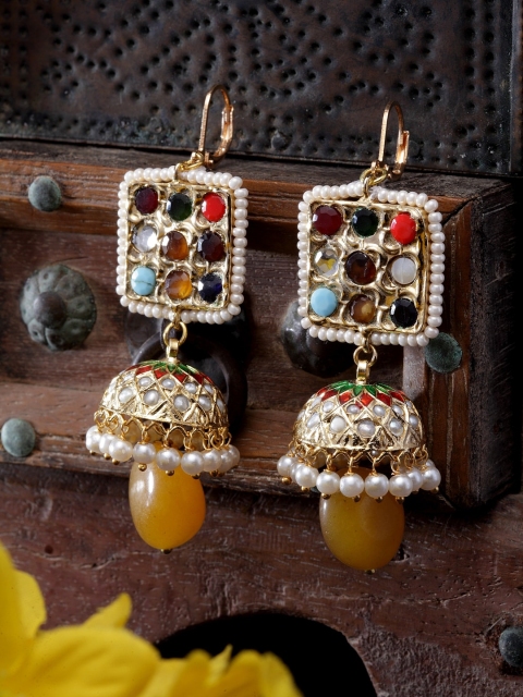 

DUGRISTYLE Multicoloured Geometric Sterling Silver Gold-Plated Navrattan Drop Earrings, Multi