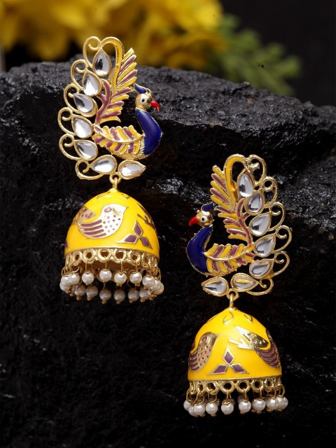 

DUGRISTYLE Yellow Gold-Plated Peacock Shaped Jhumkas