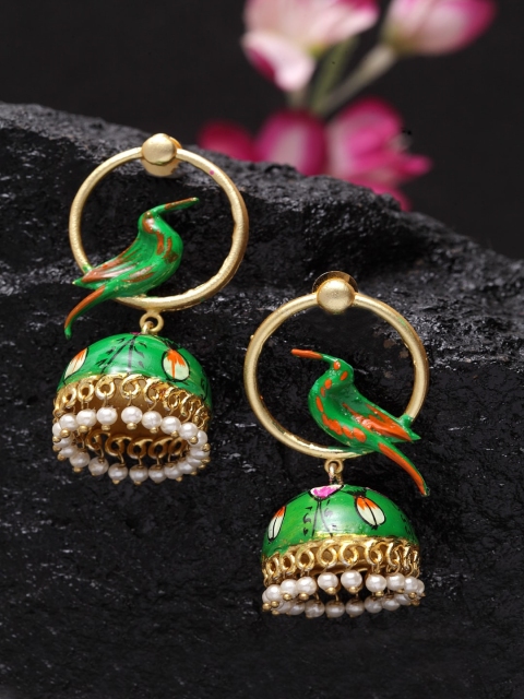 

DUGRISTYLE Gold-Plated & Green Dome Shaped Jhumkas