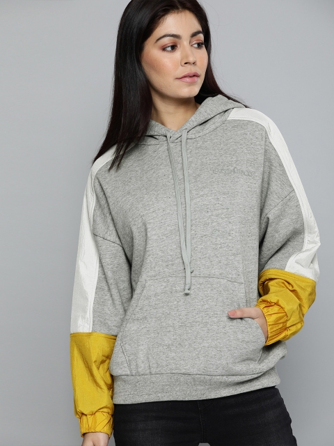 

Levis Women Grey Melange & Yellow Colourblocked Hooded Sweatshirt