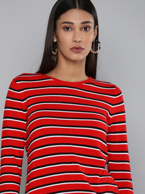 Women Red & Black Striped T-shirt