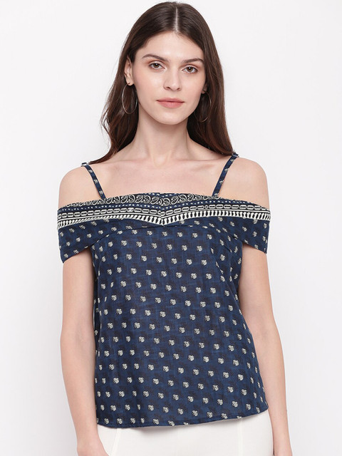 

Mayra Women Blue Printed Bardot Top