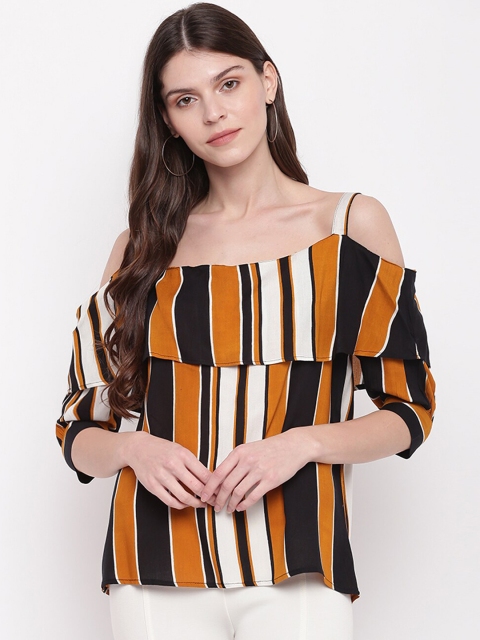 

Mayra Women Brown & White Striped Bardot Top