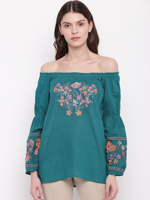

Mayra Women Turquoise Blue Printed Bardot Top