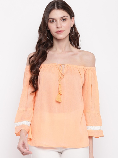 

Mayra Women Peach-Coloured Solid Bardot Top