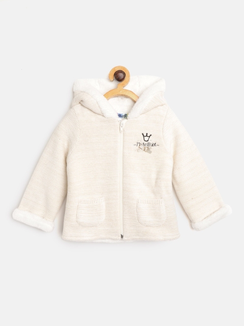 

Nauti Nati Girls Off-White & Golden Self Design Hooded Cardigan