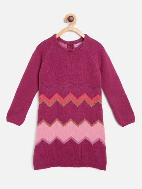 

Nauti Nati Girls Pink Geometric Self Design Longline Sweater