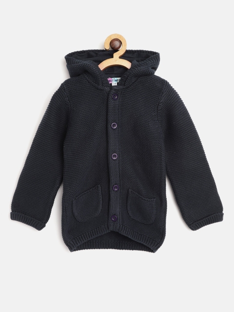 

Nauti Nati Girls Navy Blue Self Design Hooded Longline Cardigan