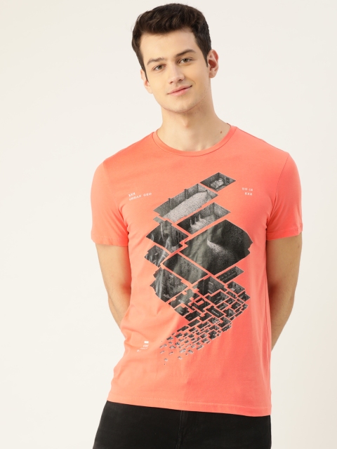 

United Colors of Benetton Men Peach-Coloured Printed Round Neck T-shirt
