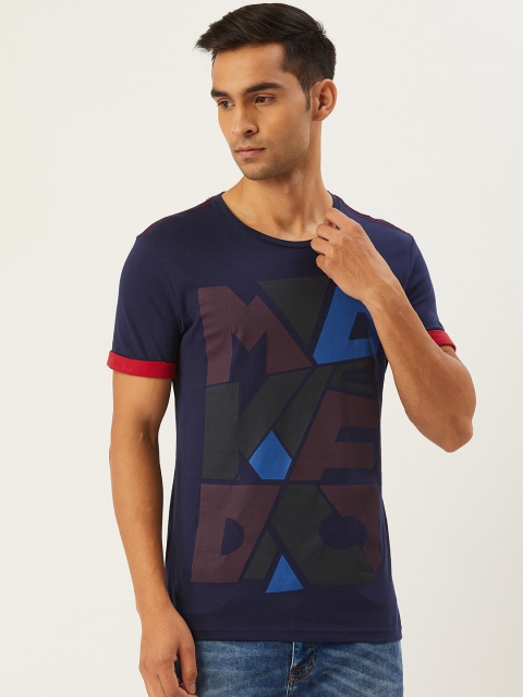 

United Colors of Benetton Men Navy Blue Burgundy Printed Round Neck Pure Cotton T-shirt