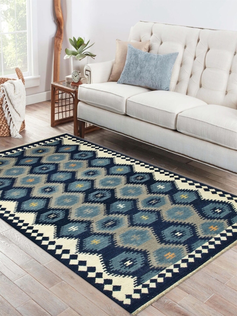 

Jaipur Rugs Blue & Beige Handmade Flat Weaves Traditional Kilims Pure Wool Carpet