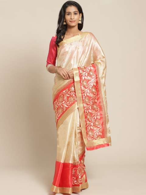 

Chhabra 555 Beige & Pink Handloom Embroidered Tussar Saree