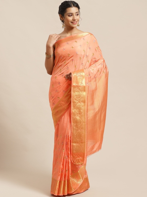 

Chhabra 555 Peach-Coloured & Golden Kutchi Embroidered Banarasi Handloom Saree