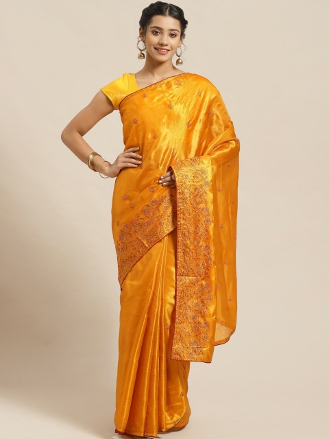 

Chhabra 555 Mustard Yellow & Maroon Kutchi Embroidered Tussar Handloom Saree