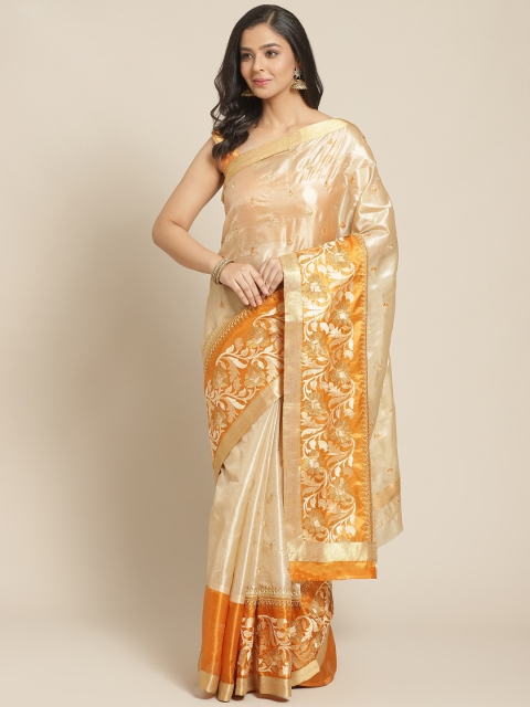 

Chhabra 555 Beige & Orange Resham Embroidered Tussar Handloom Saree