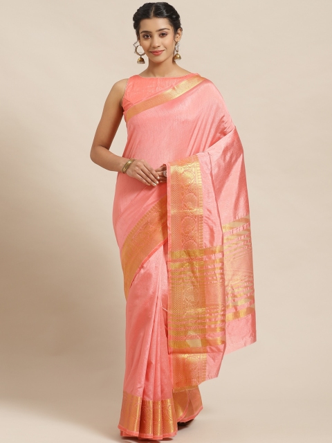 

Chhabra 555 Pink & Golden Solid Banarasi Handloom Saree