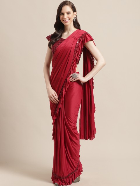 

Chhabra 555 Maroon Solid Ruffled Ready to Wear Saree with Stitched Blouse