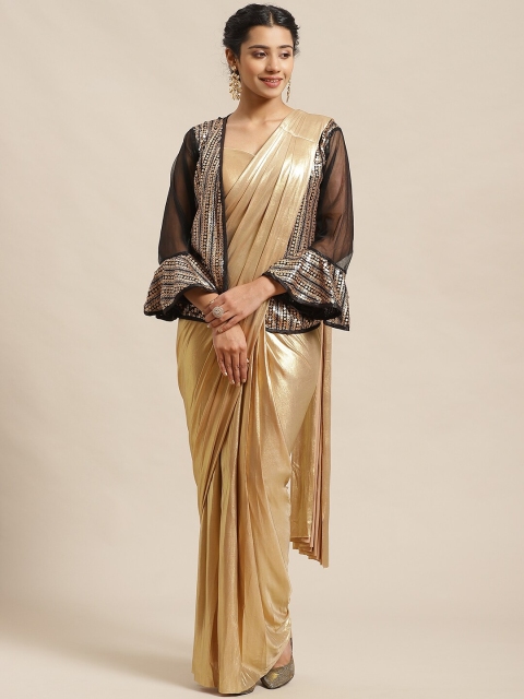 

Chhabra 555 Golden Solid Ready to Wear Saree with Stitched Blouse & Open Front Jacket, Gold