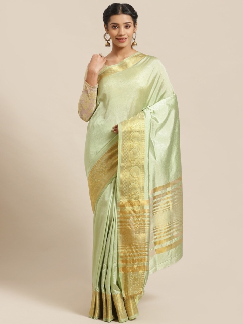 

Chhabra 555 Lime Green & Golden Solid Banarasi Handloom Saree