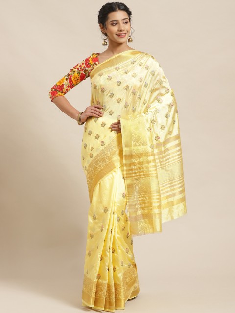

Chhabra 555 Gold-Coloured & Green Silk Blend Embroidered Handloom Banarasi Saree