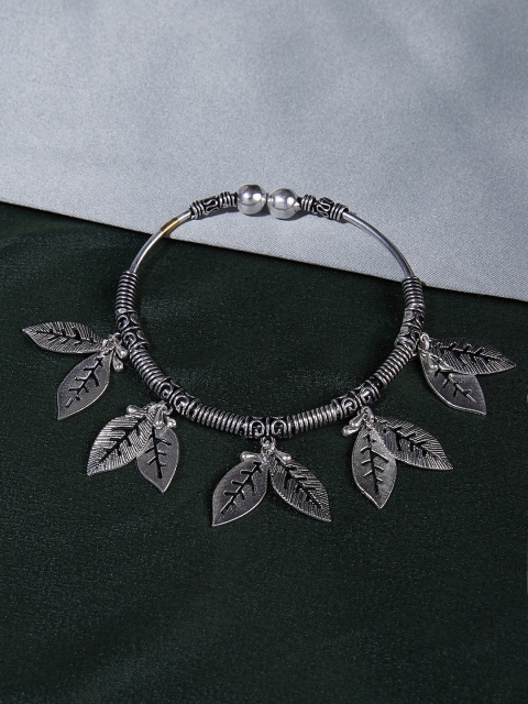 

ZeroKaata Silver Oxidized Bracelet with Designer Leaves Charms