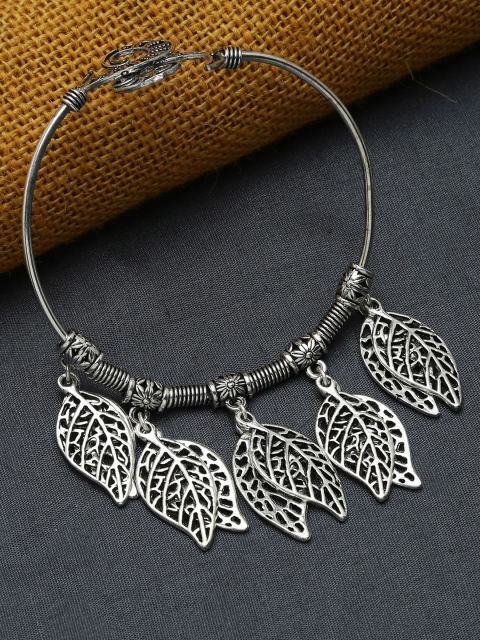 

ZeroKaata Silver-Plated Oxidized Chunky Leaves Charm Bracelet