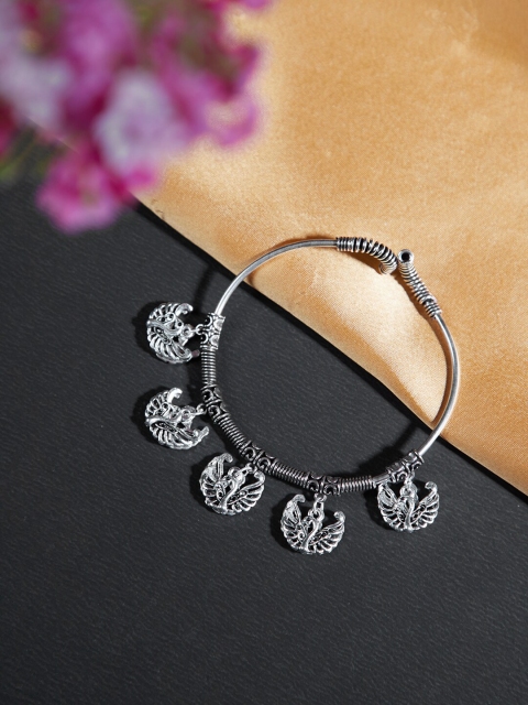 

ZeroKaata Silver-Toned Oxidized Peacock Charm Bracelet