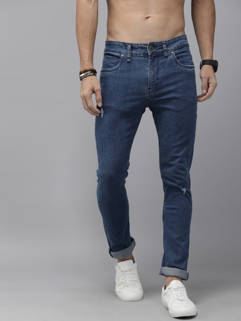 

Roadster Men Navy Blue Skinny Fit Mid-Rise Low Distressed Stretchable Jeans